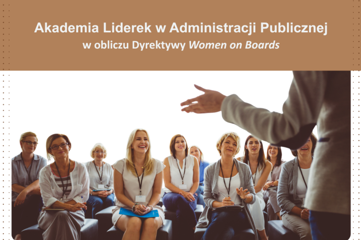 plakat Akademii Liderek - na górze tytuł Akademii, pod spodem zdjęcie kobiet słuchających wystąpienia